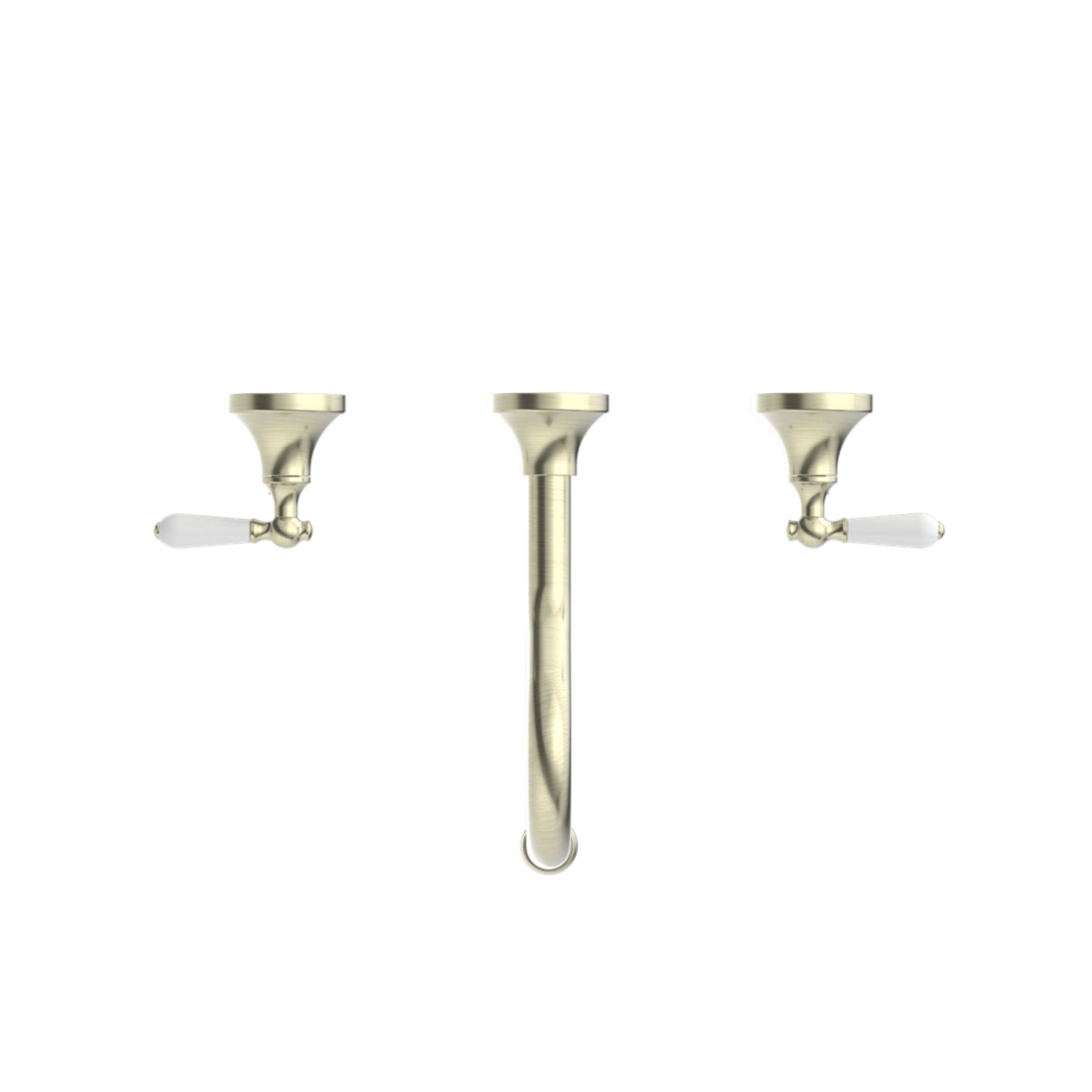 NERO YORK THREE PIECE WALL BASIN SET WITH WHITE PORCELAIN LEVER AGED BRASS