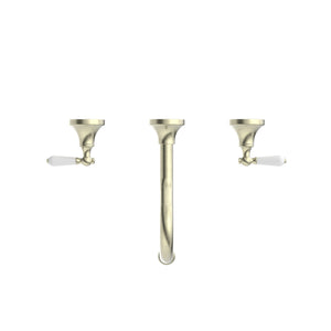 NERO YORK THREE PIECE WALL BASIN SET WITH WHITE PORCELAIN LEVER AGED BRASS