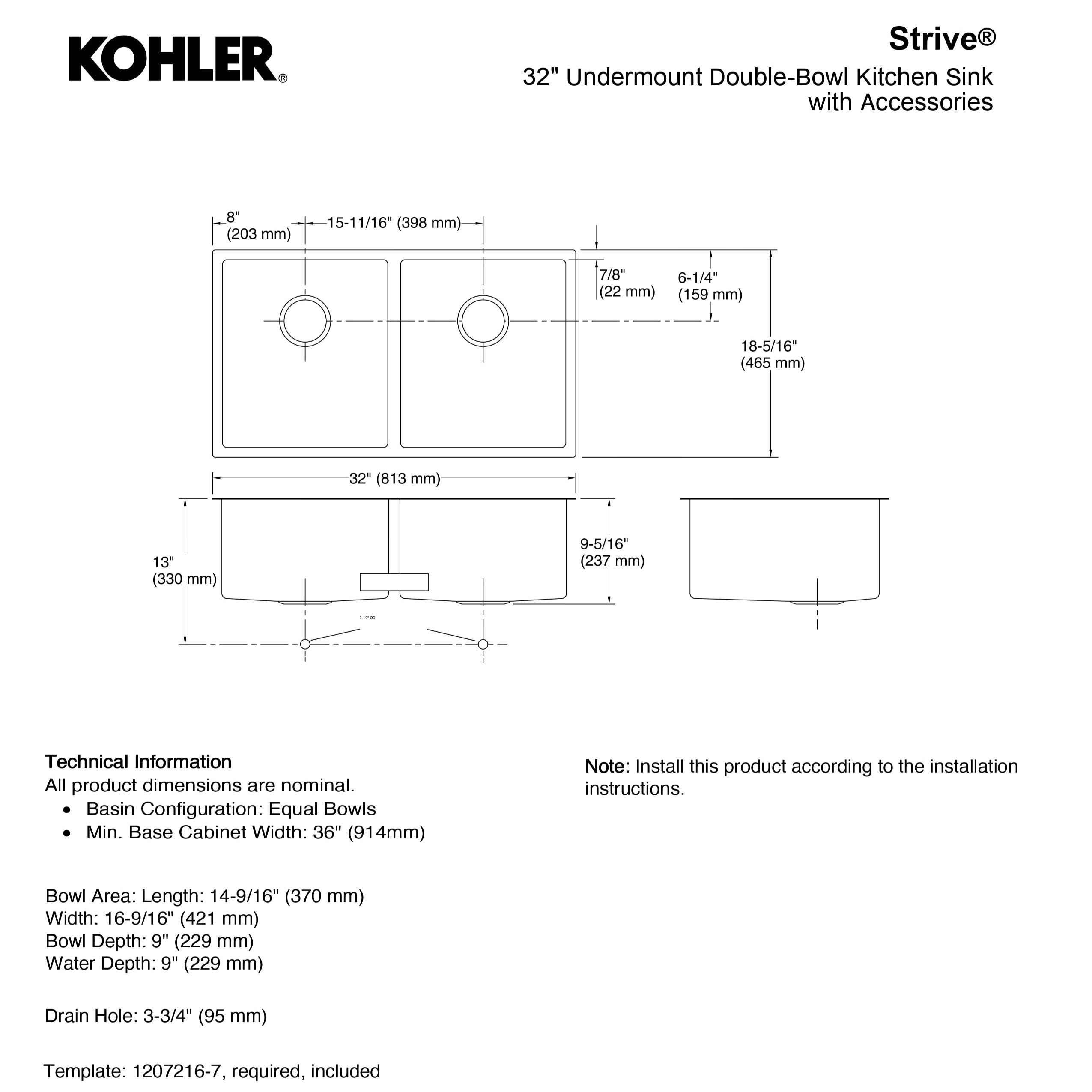 KOHLER STRIVE UNDERMOUNT KITCHEN SINK STAINLESS STEEL 813MM