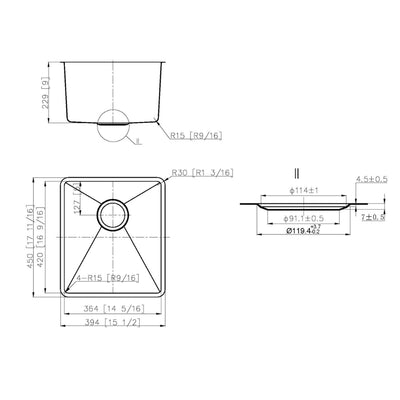 IKON OTUS SINGLE BOWL UNDERMOUNT SINK STAINLESS STEEL 394MM