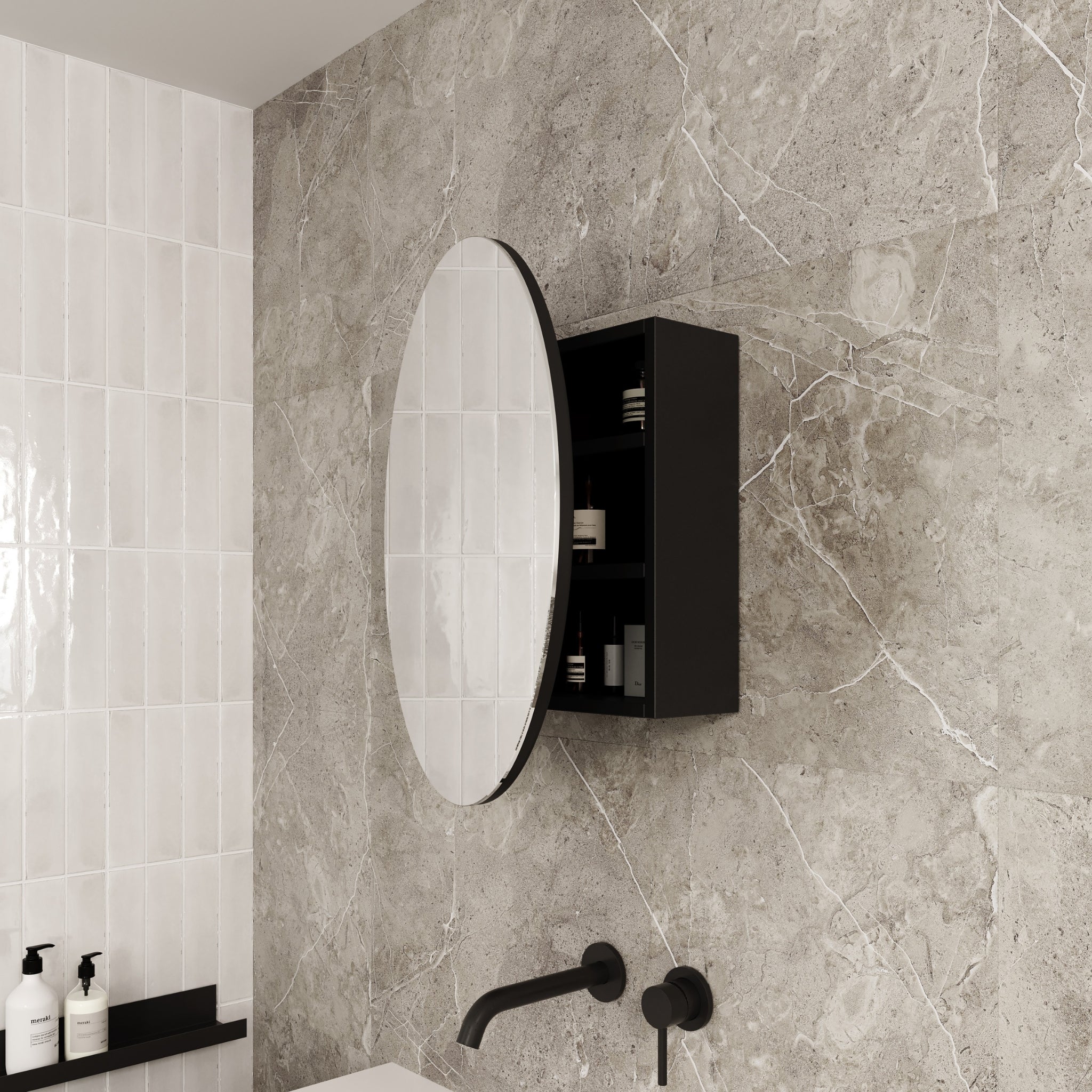 THERMOGROUP ABLAZE ROUND MIRROR CABINET BLACK 600MM