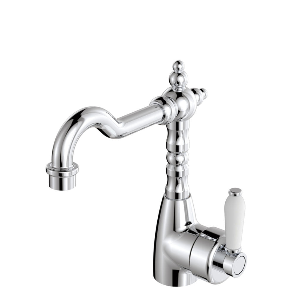 FIENZA ELEANOR SHEPHERDS CROOK BASIN MIXER 233MM CERAMIC HANDLE CHROME WHITE