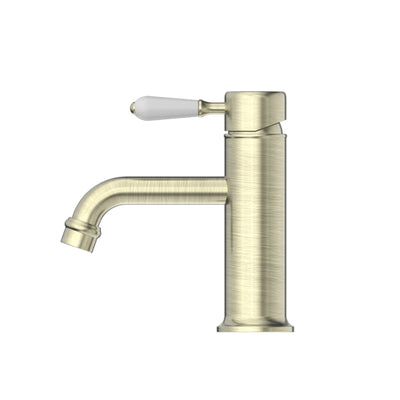 NERO YORK STRAIGHT BASIN MIXER WITH WHITE PORCELAIN LEVER 170MM AGED BRASS