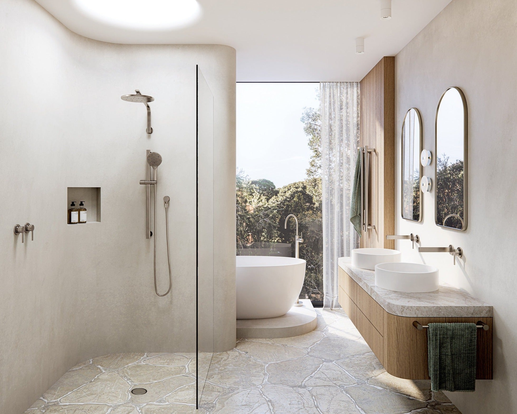 PHOENIX OXLEY HIGH-RISE SHOWER ARM AND ROSE BRUSHED NICKEL