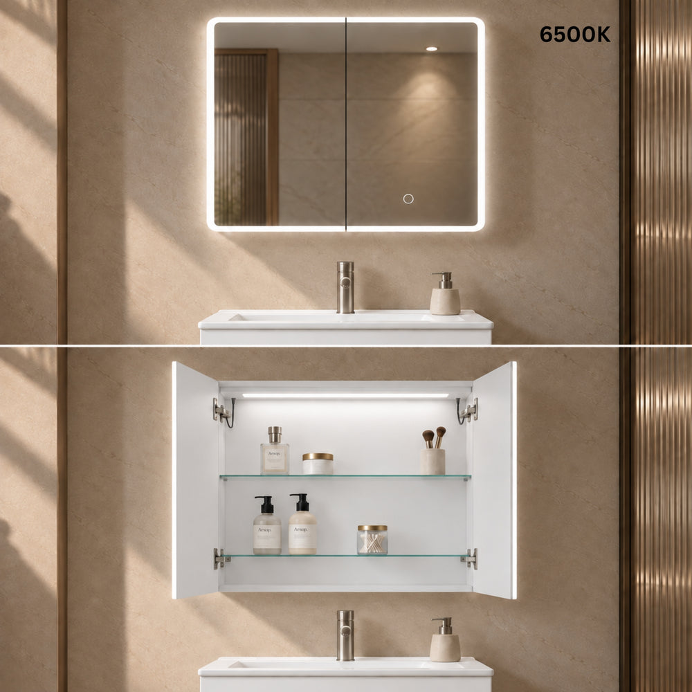 LUKKA AVOLA MATTE WHITE LED MIRROR SHAVING CABINET WITH 3 COLOUR LIGHTS 750X750MM