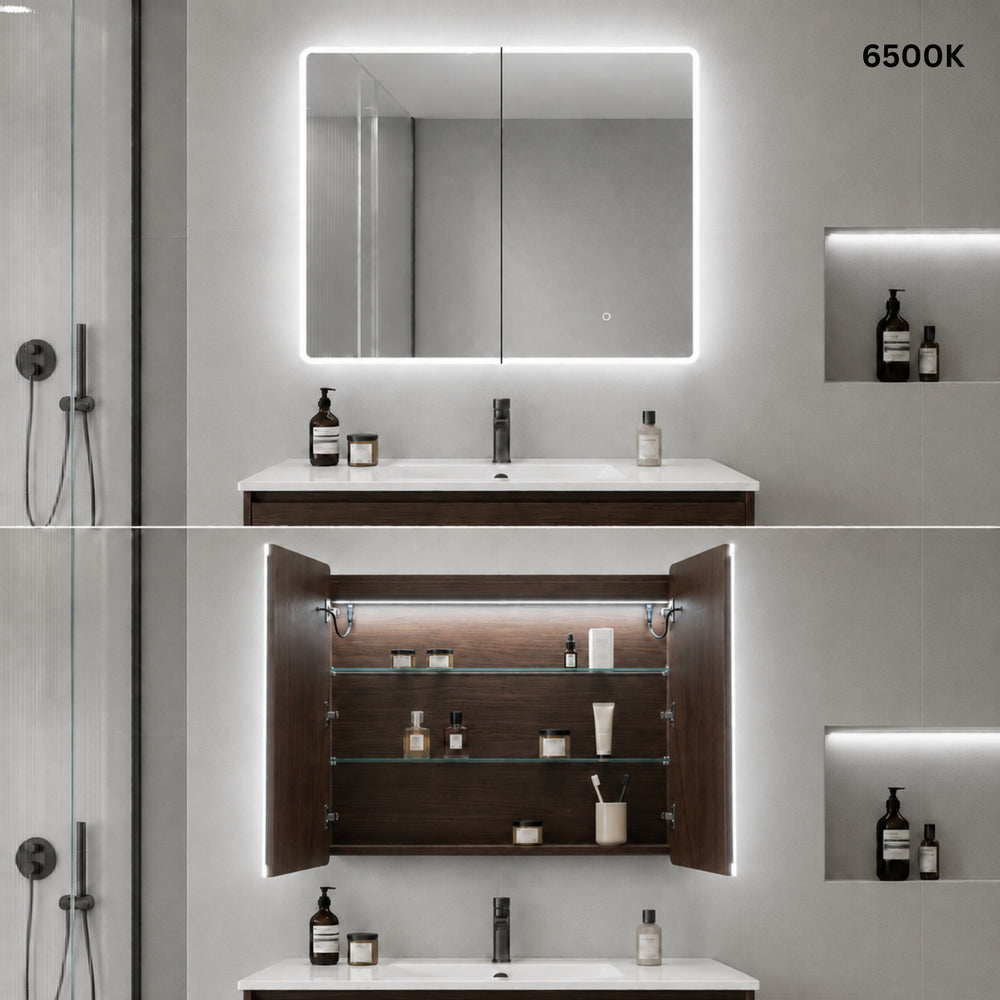LUKKA AVOLA MOCHA OAK LED MIRROR SHAVING CABINET WITH 3 COLOUR LIGHTS 900X750MM