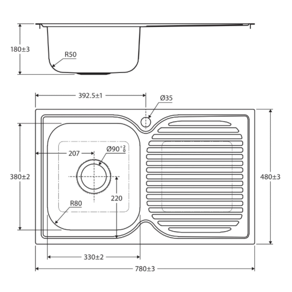 FIENZA TIVA SINGLE BOWL KITCHEN SINK WITH DRAINER STAINLESS STEEL 780MM
