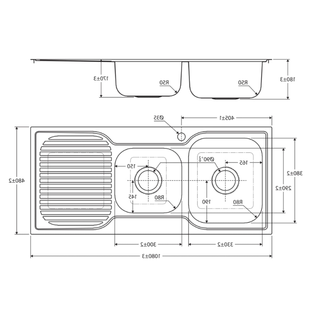 FIENZA TIVA DOUBLE BOWL KITCHEN SINK WITH DRAINER STAINLESS STEEL 1080MM