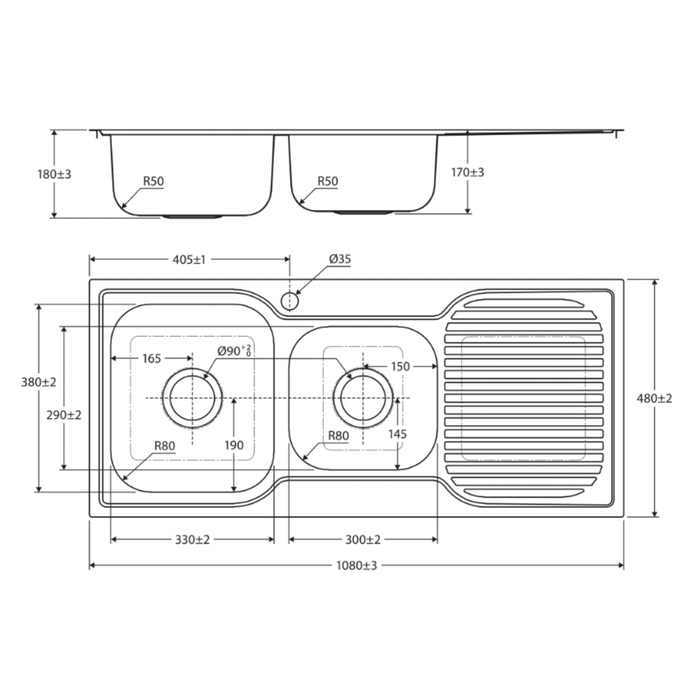 FIENZA TIVA DOUBLE BOWL KITCHEN SINK WITH DRAINER STAINLESS STEEL 1080MM
