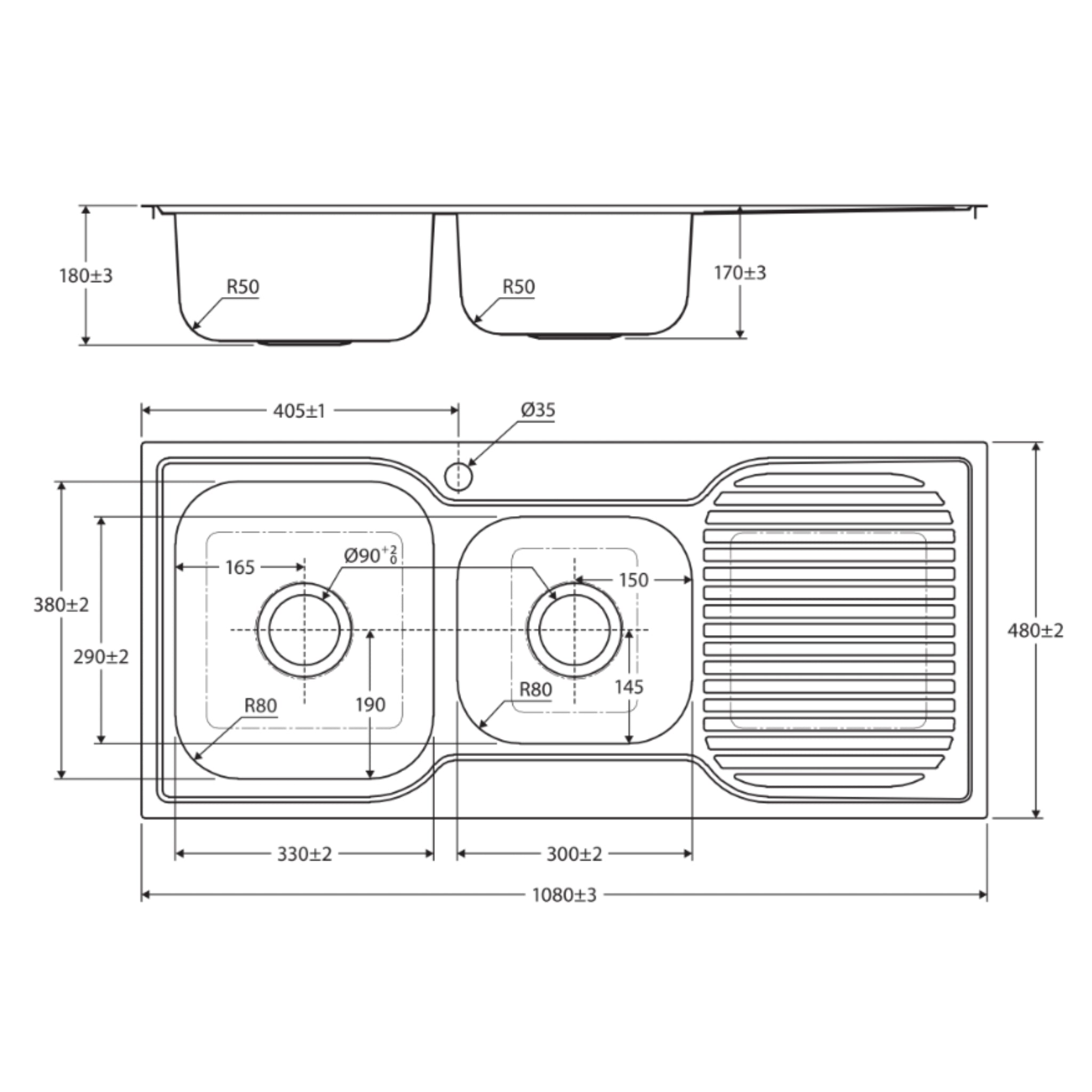 FIENZA TIVA DOUBLE BOWL KITCHEN SINK WITH DRAINER STAINLESS STEEL 1080MM
