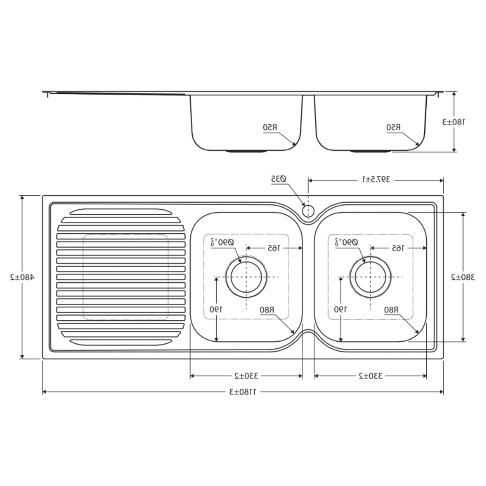 FIENZA TIVA DOUBLE BOWL KITCHEN SINK WITH DRAINER STAINLESS STEEL 1180MM