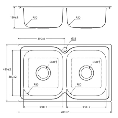 FIENZA TIVA DOUBLE BOWL KITCHEN SINK NO TAP HOLE STAINLESS STEEL 780MM