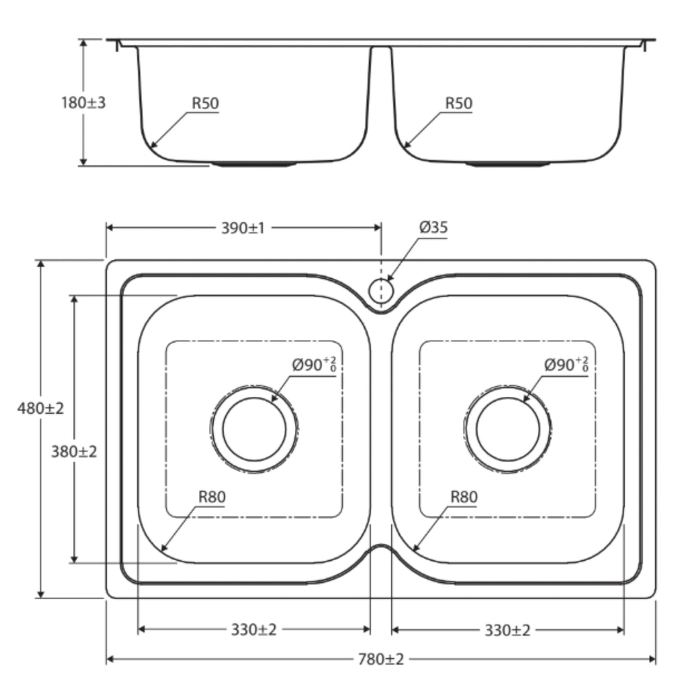 FIENZA TIVA DOUBLE BOWL KITCHEN SINK NO TAP HOLE STAINLESS STEEL 780MM