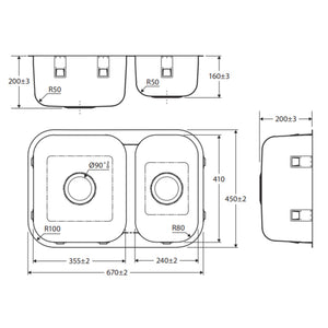 FIENZA TIVA DOUBLE BOWL KITCHEN SINK STAINLESS STEEL 670MM