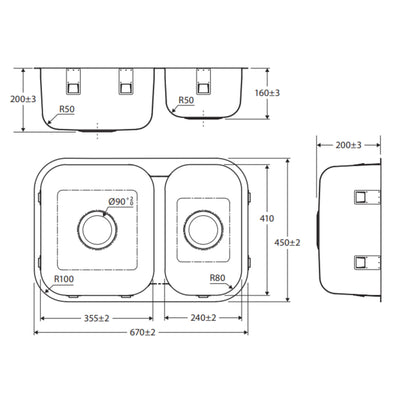 FIENZA TIVA DOUBLE BOWL KITCHEN SINK STAINLESS STEEL 670MM