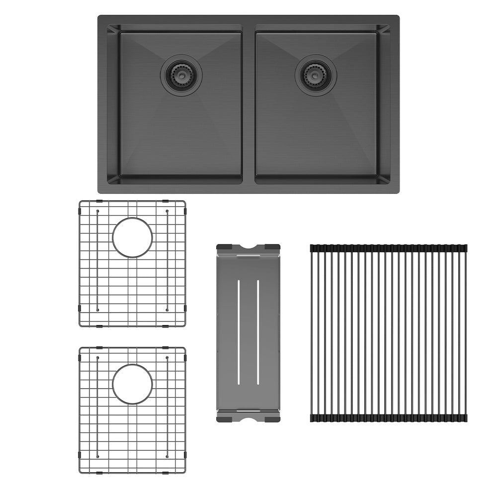 FIENZA HANA DOUBLE BOWL KITCHEN SINK KIT PVD CARBON METAL 760MM