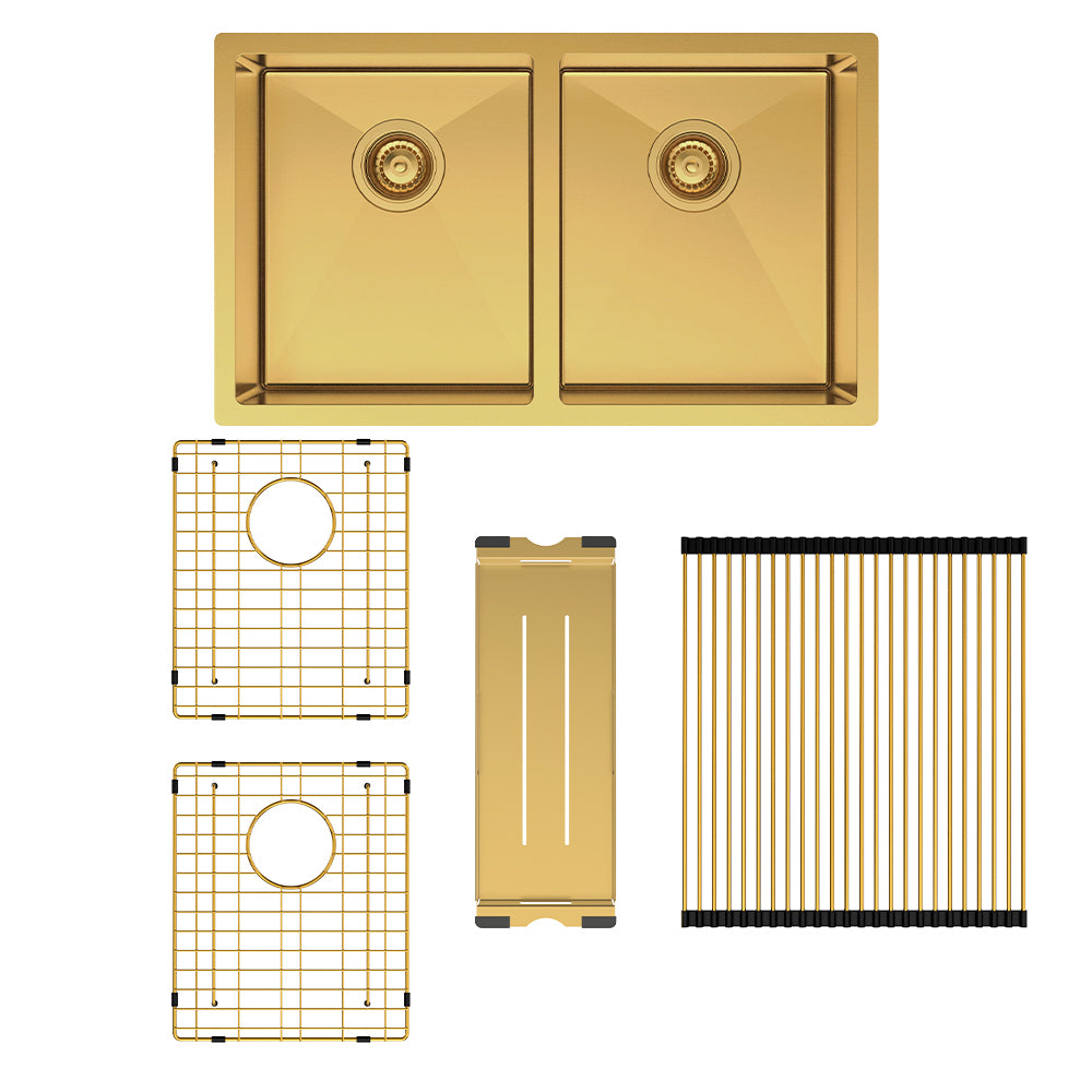 FIENZA HANA DOUBLE BOWL KITCHEN SINK KIT PVD RUGGED BRASS 760MM