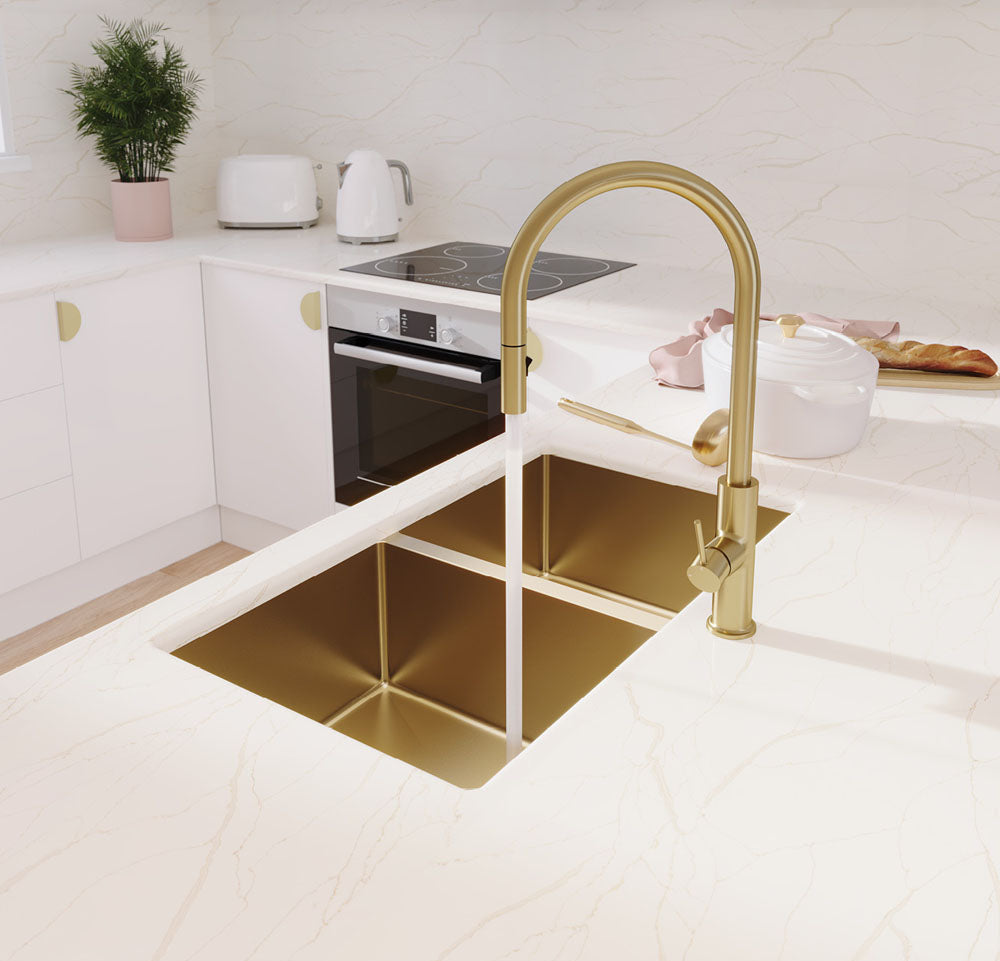 FIENZA HANA DOUBLE BOWL KITCHEN SINK PVD RUGGED BRASS 760MM