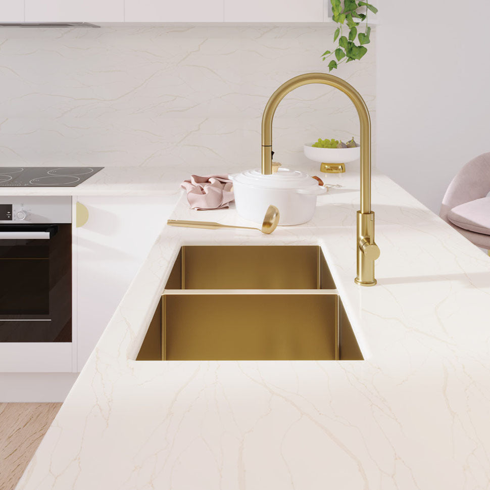 FIENZA HANA DOUBLE BOWL KITCHEN SINK PVD RUGGED BRASS 760MM