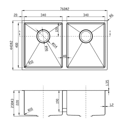IKON EDEN DOUBLE BOWL UNDERMOUNT SINK STAINLESS STEEL 760MM