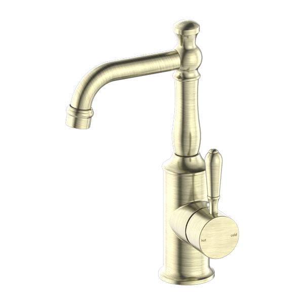 NERO YORK BASIN MIXER WITH METAL LEVER 265MM AGED BRASS