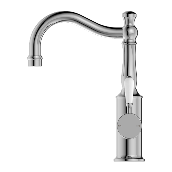 NERO YORK BASIN MIXER WITH WHITE PORCELAIN LEVER 265MM CHROME