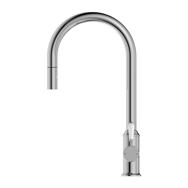 NERO YORK SPRAY PULL OUT SINK MIXER WITH WHITE PORCELAIN LEVER 457MM CHROME
