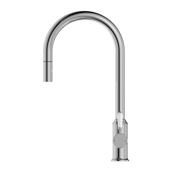 NERO YORK SPRAY PULL OUT SINK MIXER 457MM CHROME WITH WHITE PORCELAIN LEVER