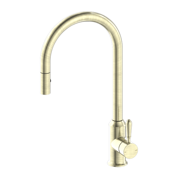 NERO YORK SPRAY PULL OUT SINK MIXER METAL LEVER 457MM AGED BRASS