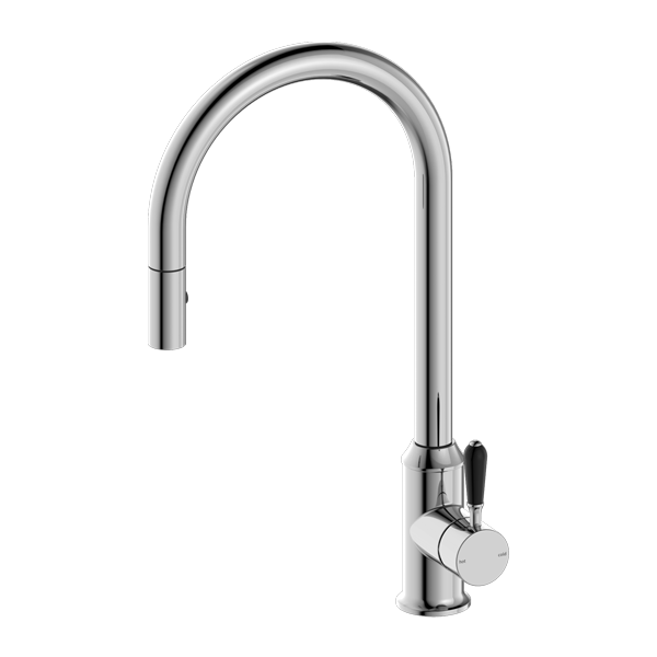 NERO YORK SPRAY PULL OUT SINK MIXER WITH BLACK PORCELAIN LEVER 457MM CHROME