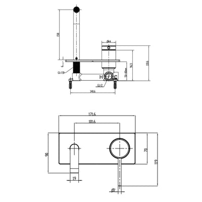GARETH ASHTON POCO WALL BASIN / BATH MIXER SET BRUSHED BRASS (AVAILABLE IN 165MM AND 220MM)