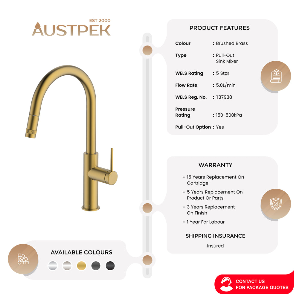 GARETH ASHTON POCO LEAD FREE PULL-OUT SINK MIXER BRUSHED BRASS