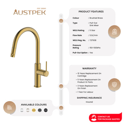 GARETH ASHTON POCO LEAD FREE PULL-OUT SINK MIXER BRUSHED BRASS