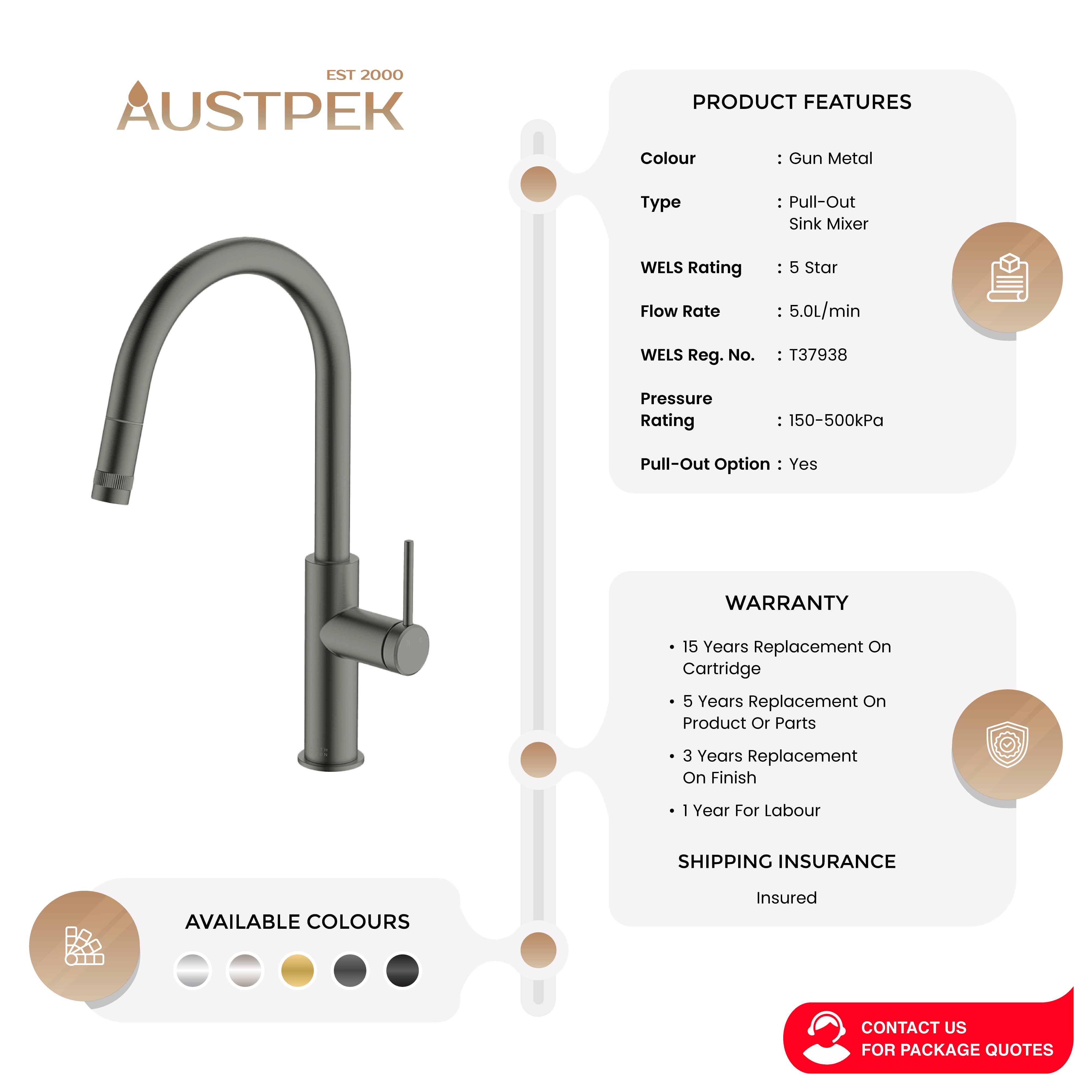 GARETH ASHTON 304 GRADE GOOSENECK BAR SINK MIXER EUREKA GOLD