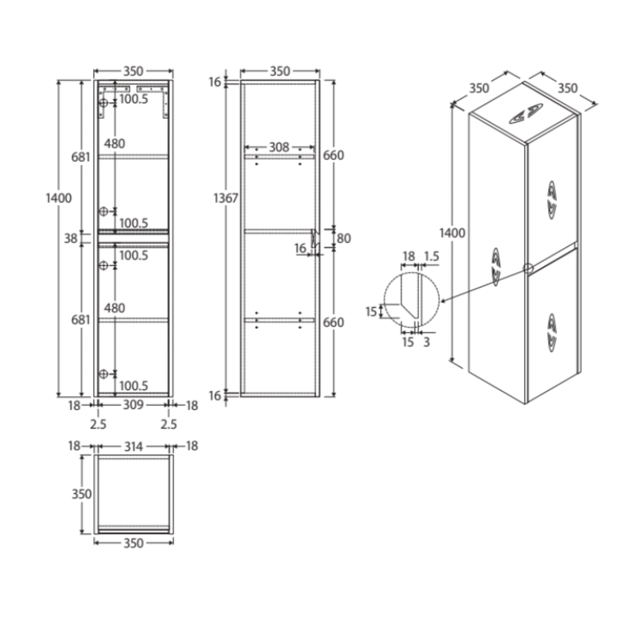 FIENZA EDGE WALL HUNG TALL BOY ON KICKBOARD SCANDI OAK 350X1520MM
