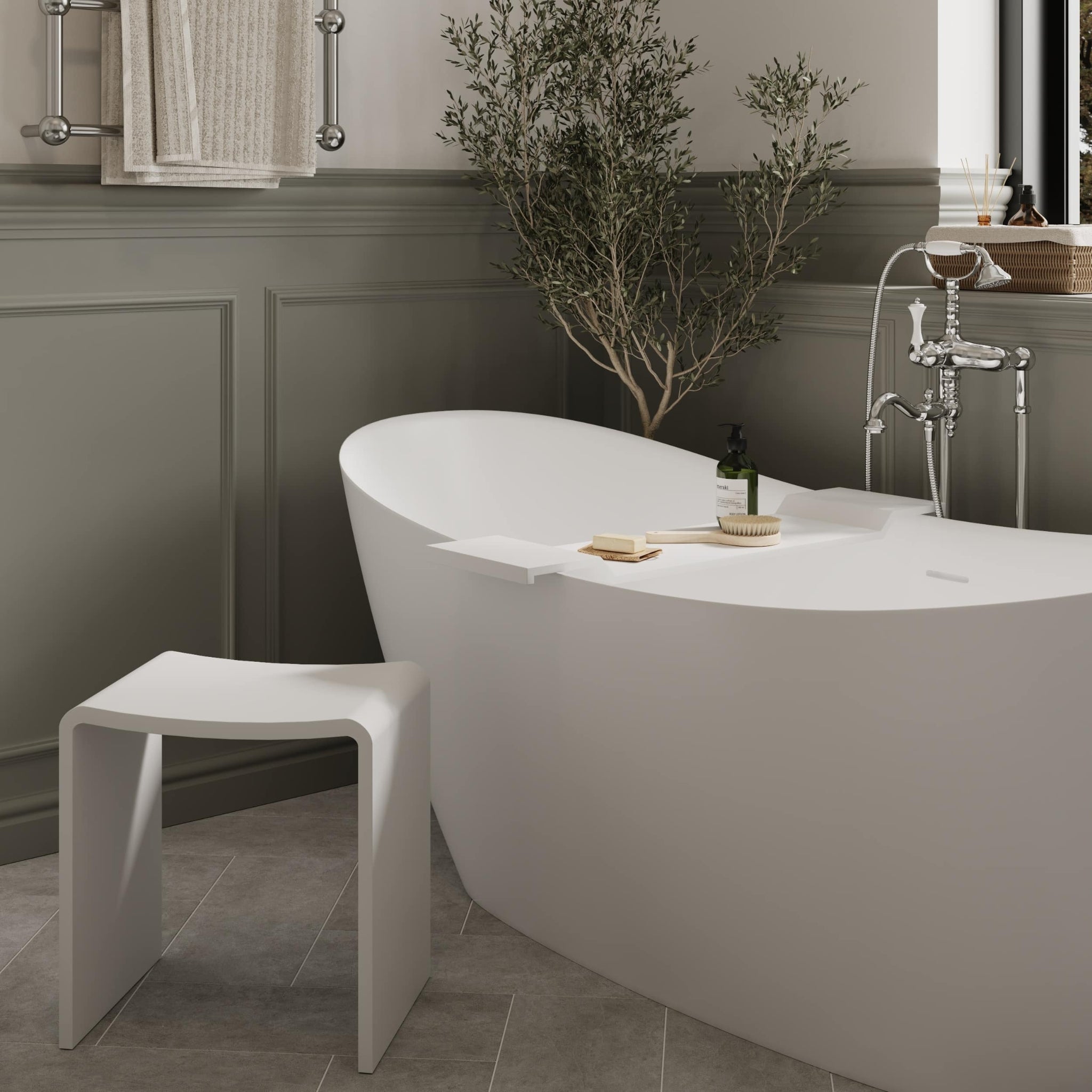 THERMOGROUP WILLOW SOLID SURFACE SHOWER STOOL 400MM WHITE