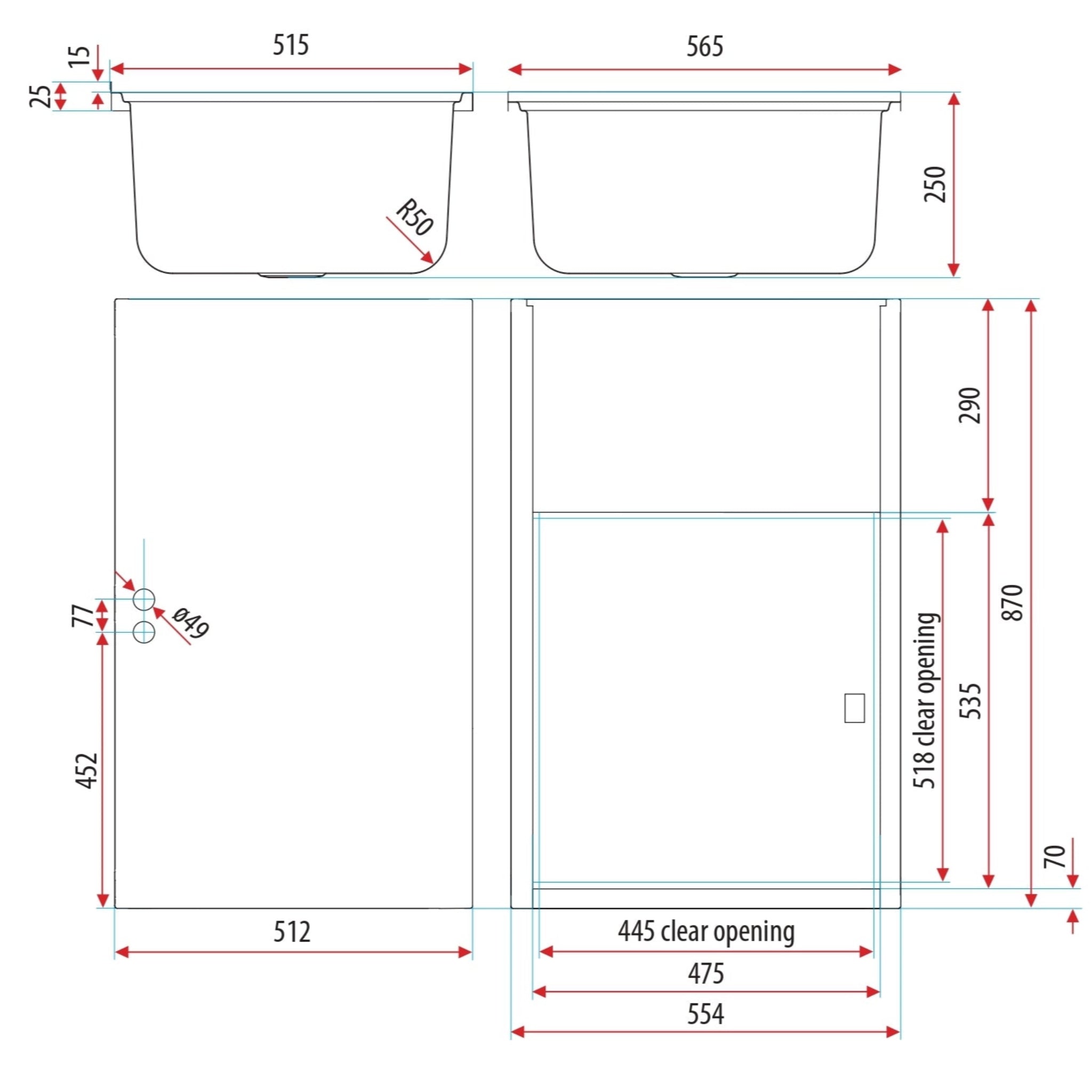 EVERHARD CLASSIC 45L STAINLESS STEEL STANDARD LAUNDRY UNIT 565MM WHITE