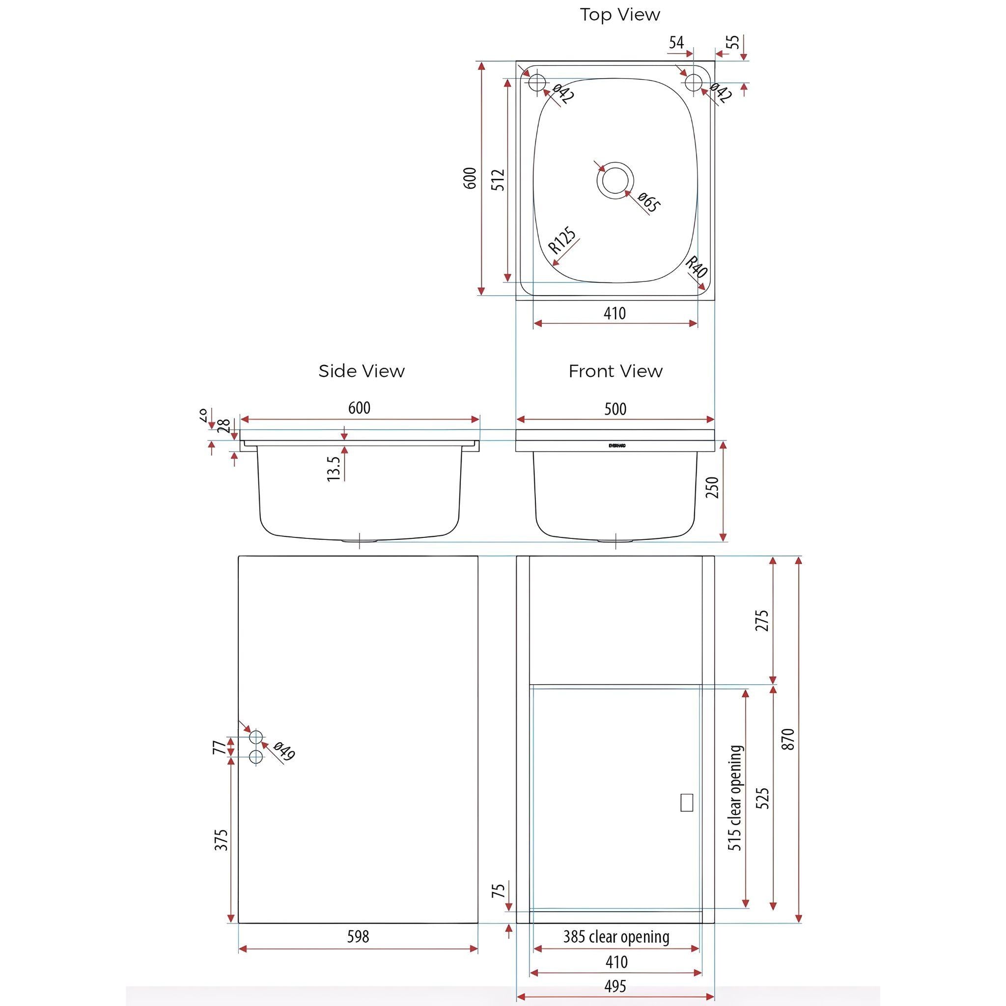 EVERHARD CLASSIC 45L STAINLESS STEEL SLIM LAUNDRY UNIT 500MM WHITE