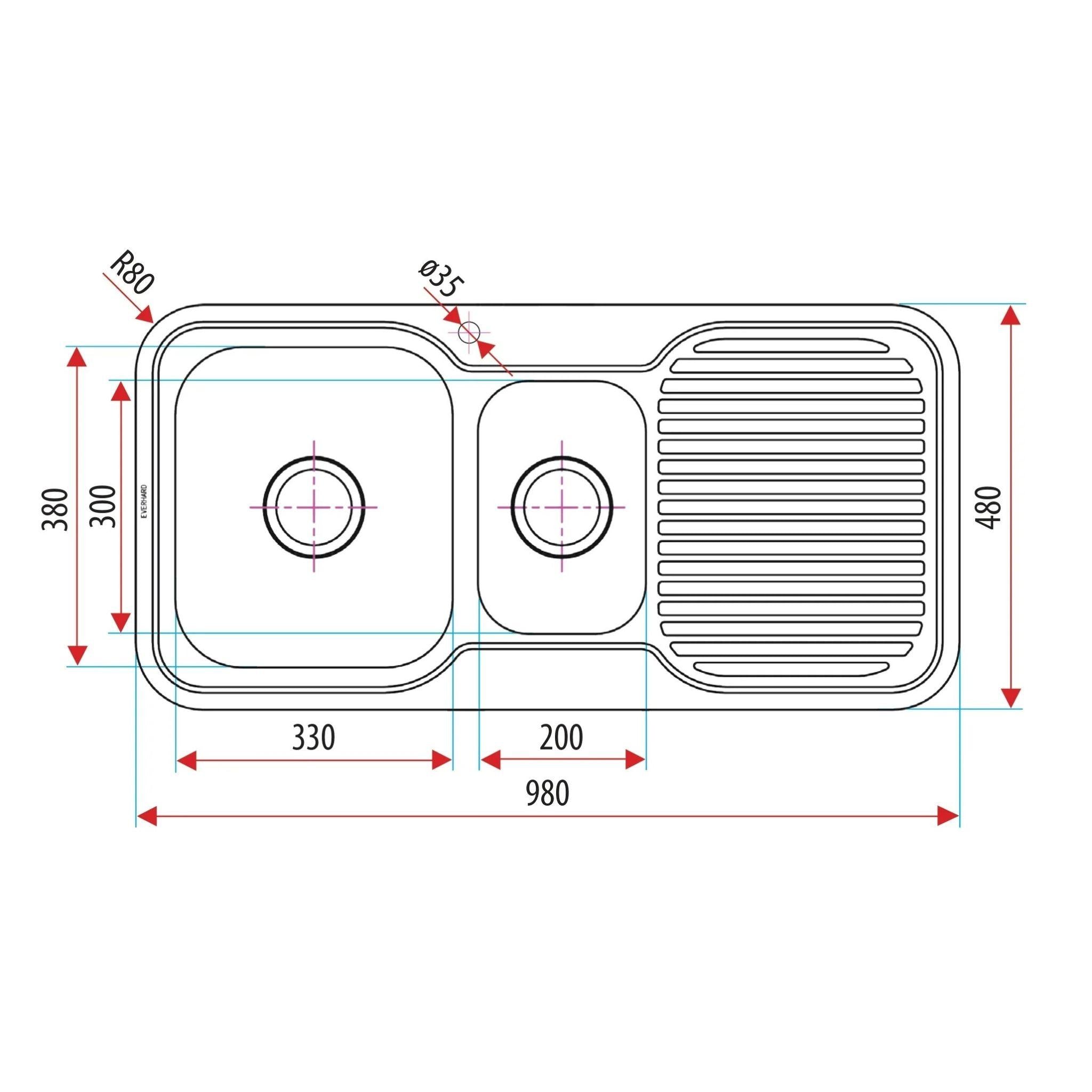 EVERHARD CLASSIC STANDARD 1.5 BOWL & DRAINER KITCHEN SINK STAINLESS STEEL 980MM