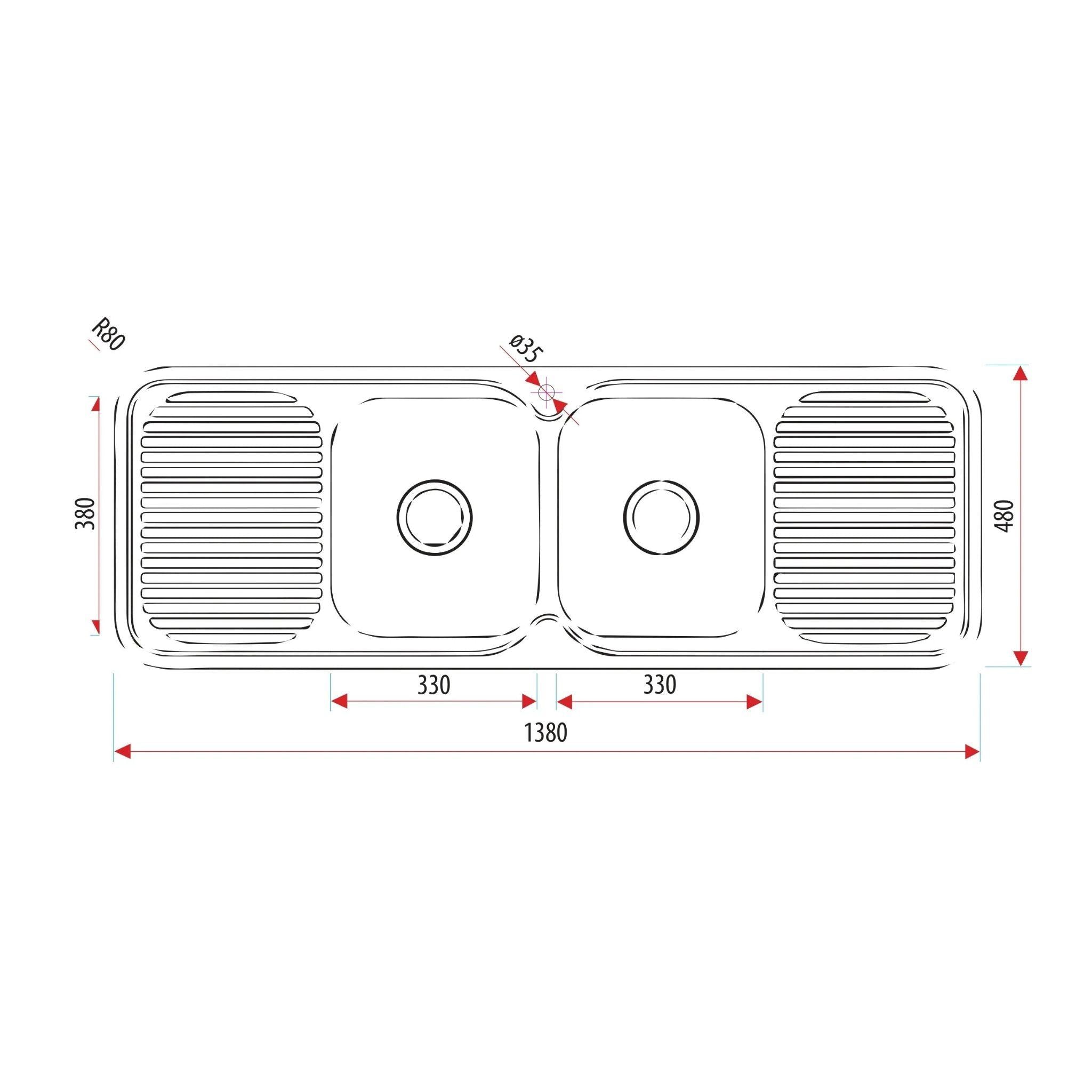 EVERHARD CLASSIC STANDARD 2 BOWL & 2 DRAINER KITCHEN SINK STAINLESS STEEL 1380MM