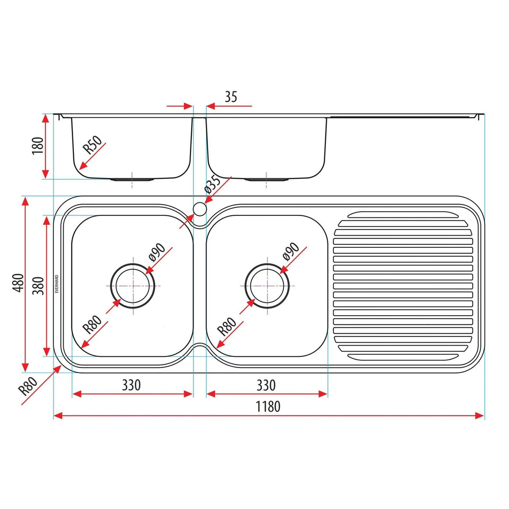 EVERHARD CLASSIC STANDARD 2 BOWL & DRAINER KITCHEN SINK STAINLESS STEEL 1180MM
