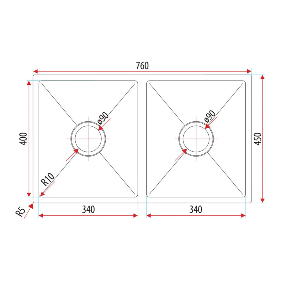 EVERHARD EXCELLENCE SQUARELINE DOUBLE BOWL KITCHEN SINK STAINLESS STEEL 760MM