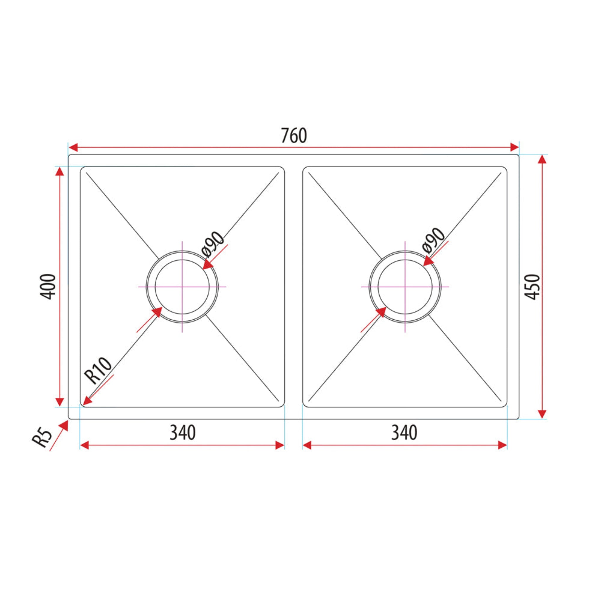 EVERHARD EXCELLENCE SQUARELINE DOUBLE BOWL KITCHEN SINK STAINLESS STEEL 760MM