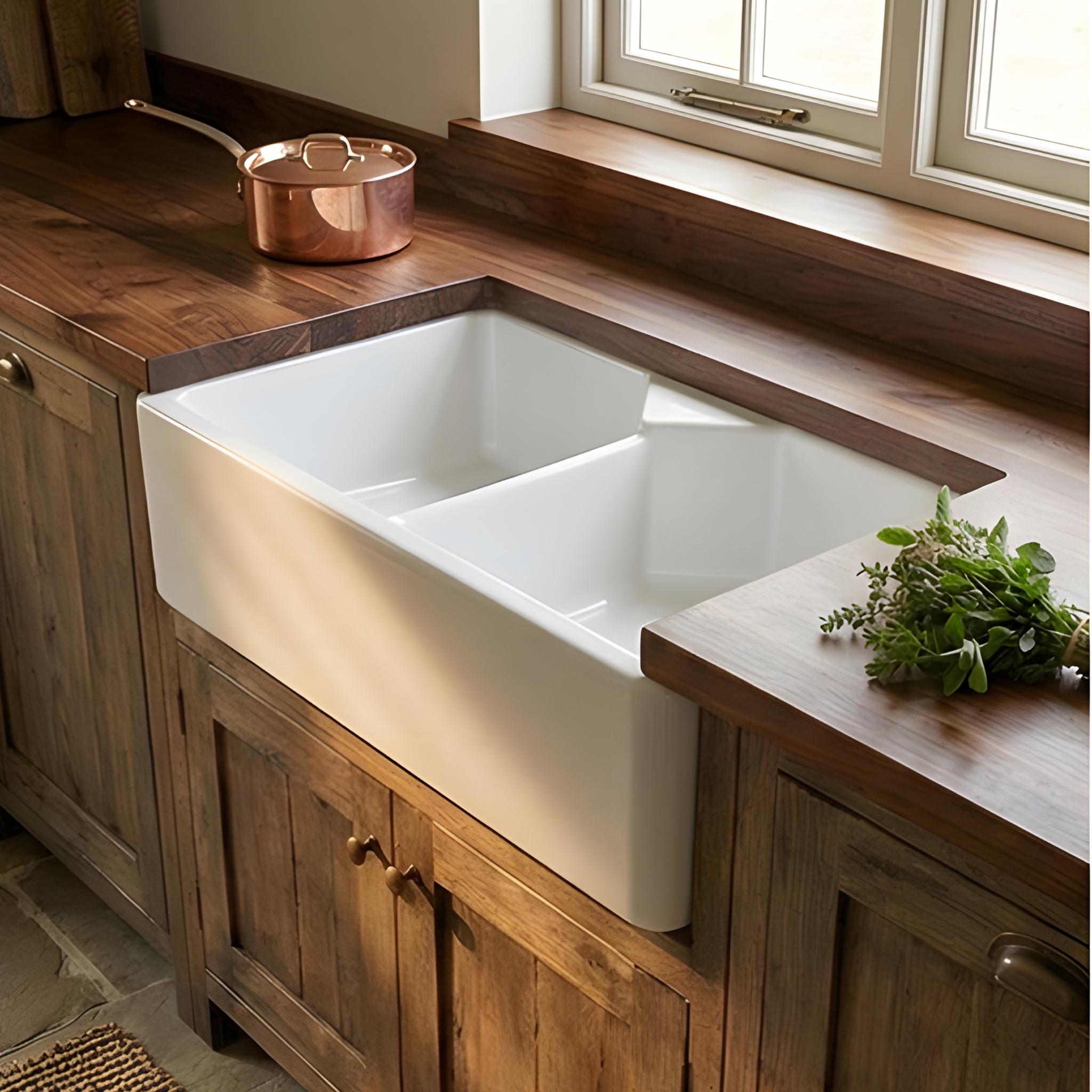 TURNER HASTINGS CHESTER FARMHOUSE DOUBLE BOWL BUTLER SINK NO TAPHOLE WITH OVERFLOW GLOSS WHITE 800MM
