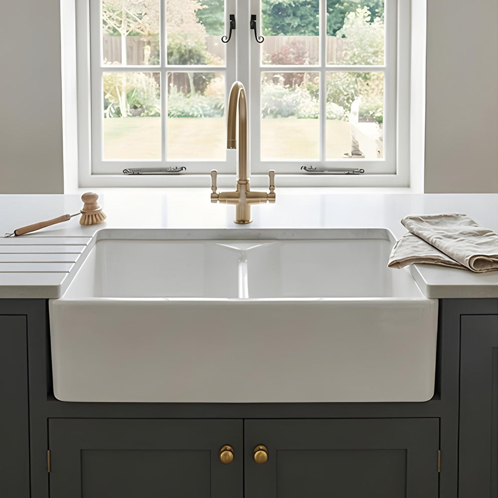 TURNER HASTINGS CHESTER FARMHOUSE DOUBLE BOWL BUTLER SINK NO TAPHOLE WITH OVERFLOW GLOSS WHITE 800MM
