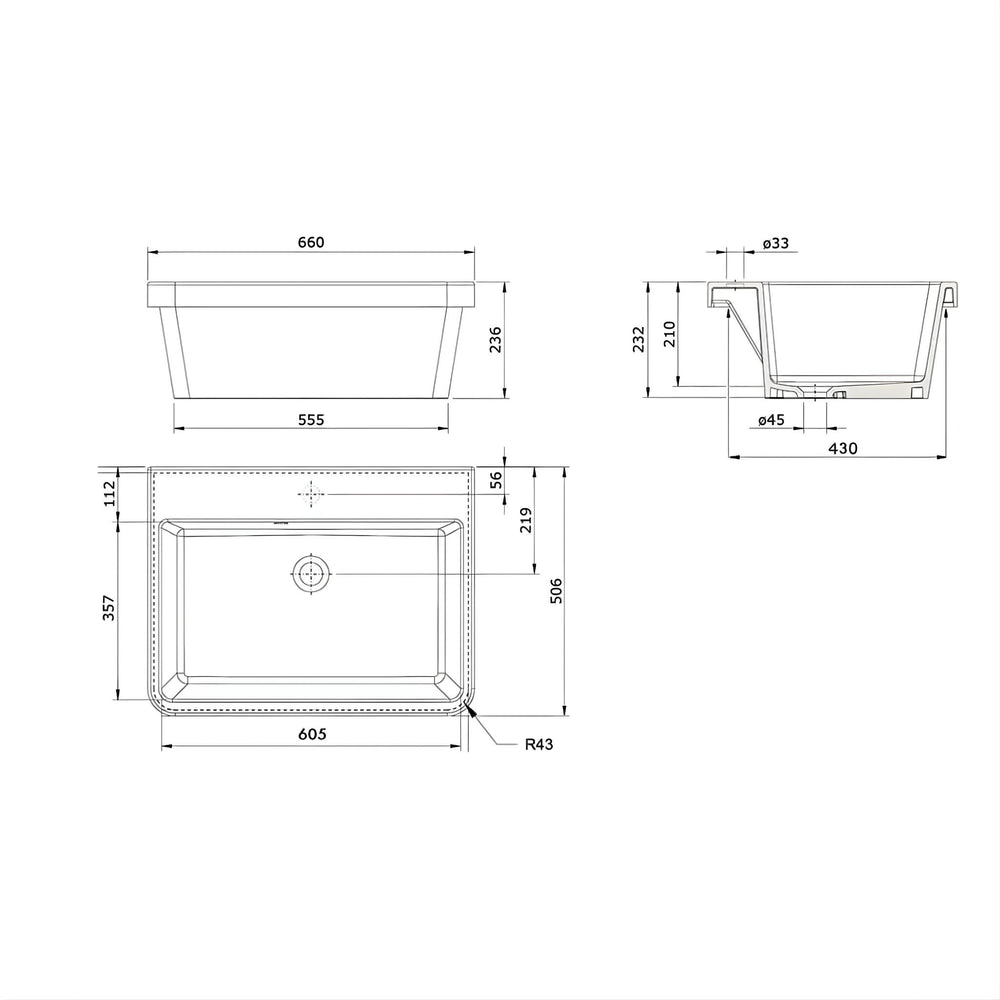 TURNER HASTINGS RAVINE INSET FINE FIRECLAY SINK WITH OVERFLOW GLOSS WHITE 660MM