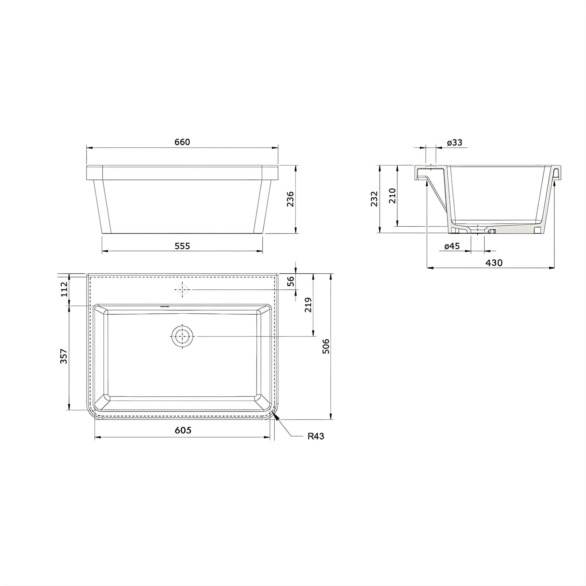TURNER HASTINGS RAVINE INSET FINE FIRECLAY SINK WITH OVERFLOW GLOSS WHITE 660MM