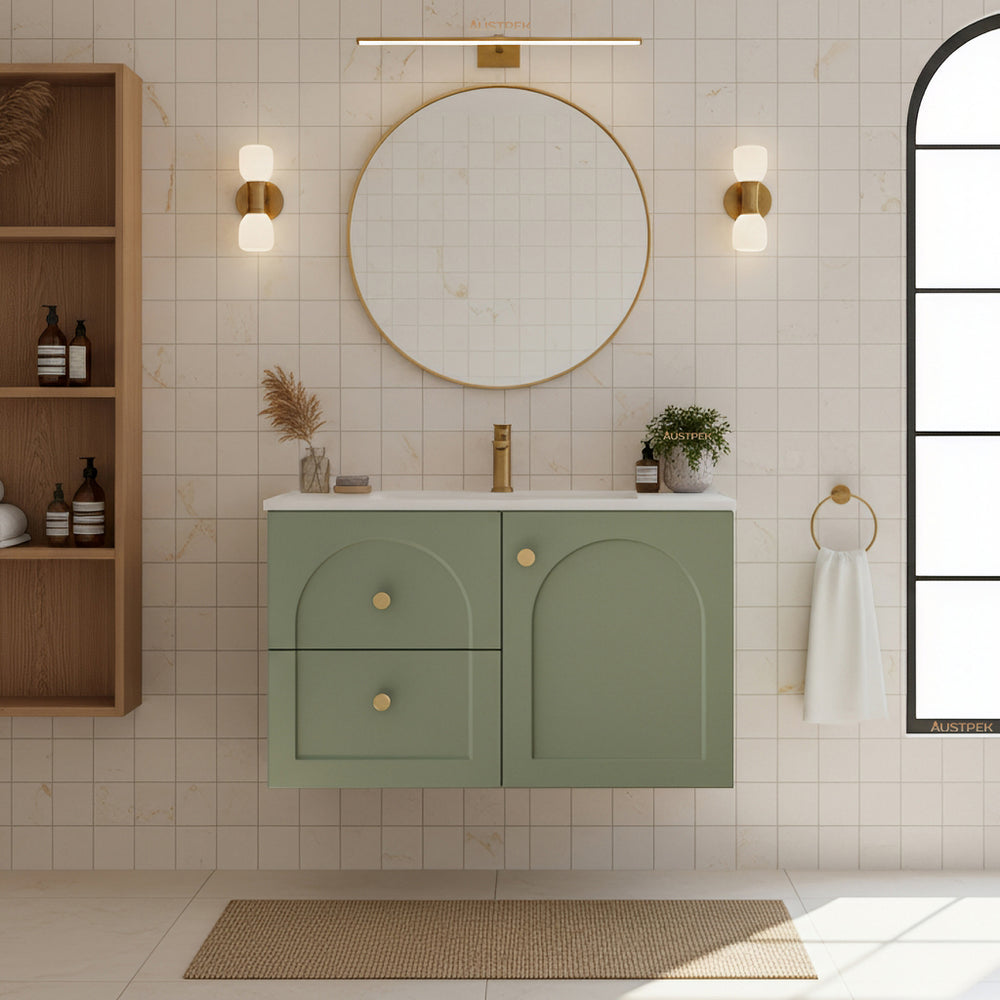 LUKKA CHESTER FEDERATION OLIVE GREEN 750MM SINGLE BOWL WALL HUNG VANITY (AVAILABLE IN LEFT HAND DRAWER AND RIGHT HAND DRAWER)