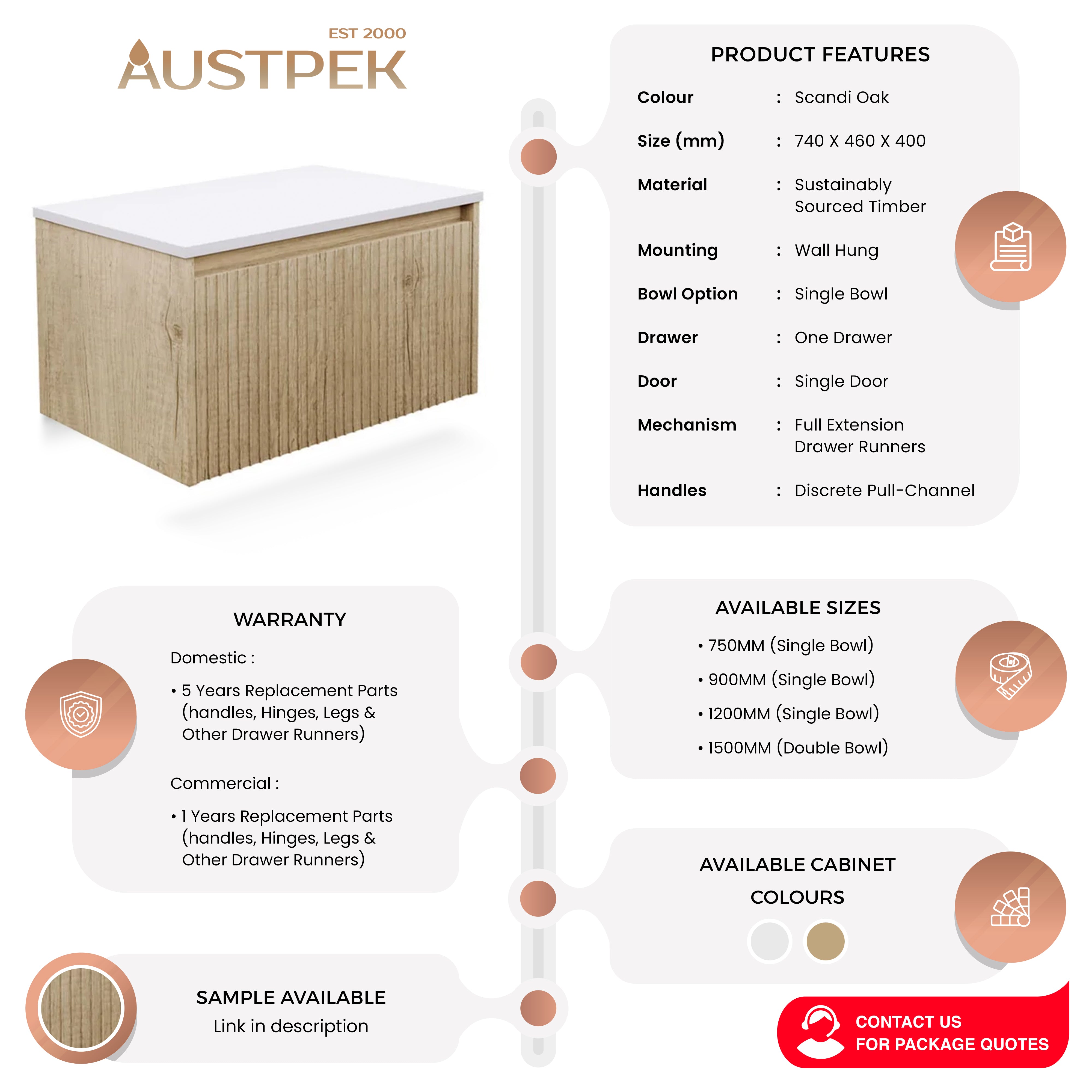 FIENZA ALINA SCANDI OAK 750MM SINGLE BOWL WALL HUNG VANITY