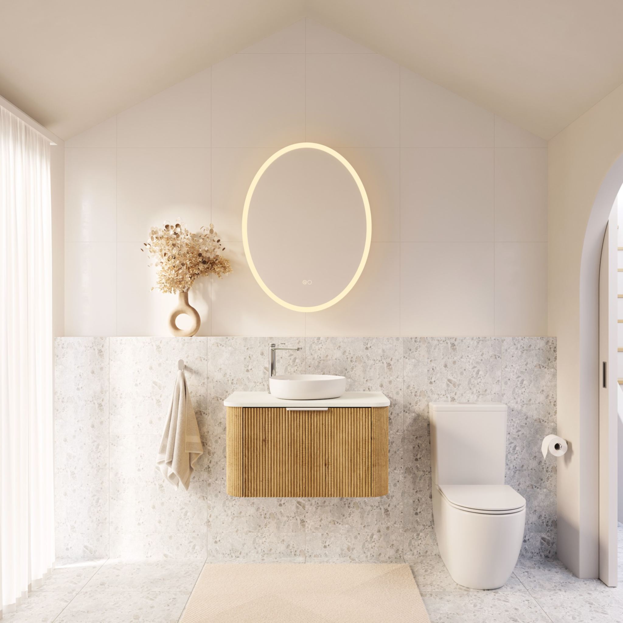 FIENZA MINKA SCANDI OAK FLUTED 750MM CURVE SINGLE BOWL WALL HUNG VANITY